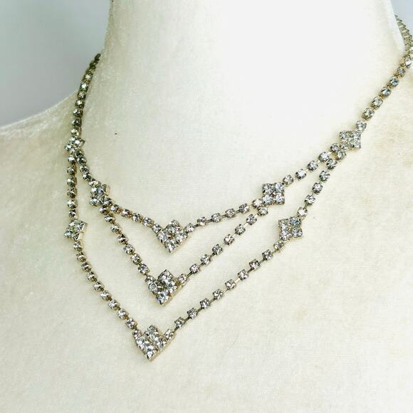 Clear Rhinestone Tiered Silver Tone Bib Necklace - Picture 1 of 4
